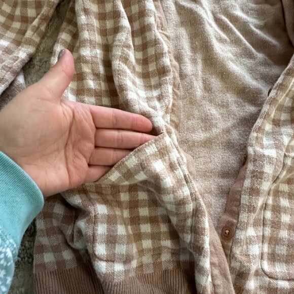 Size SIsaac Mizrahi Live! Gingham Jacquard Button Front Cardigan Cappuccino M - Picture 3 of 10